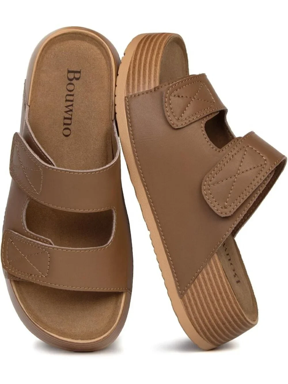 Women's Brown Genuine Leather Slip on Beach Slide Buckle Platform Sandal Shoes
